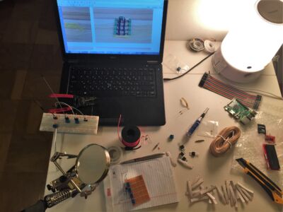 My breadboard/soldering work space that I used to build and test the LED powering/switching circuit
